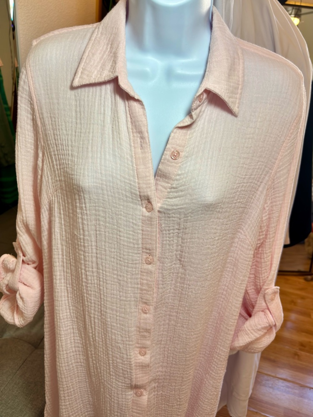 Light Blush Button-Front Gauze Blouse - Relaxed Women’s Shirt